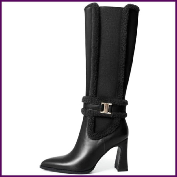 Knee High Boots Chunky Heel Pointed Toe Winter Riding Pull On Side Zipper - Picture 3 of 4